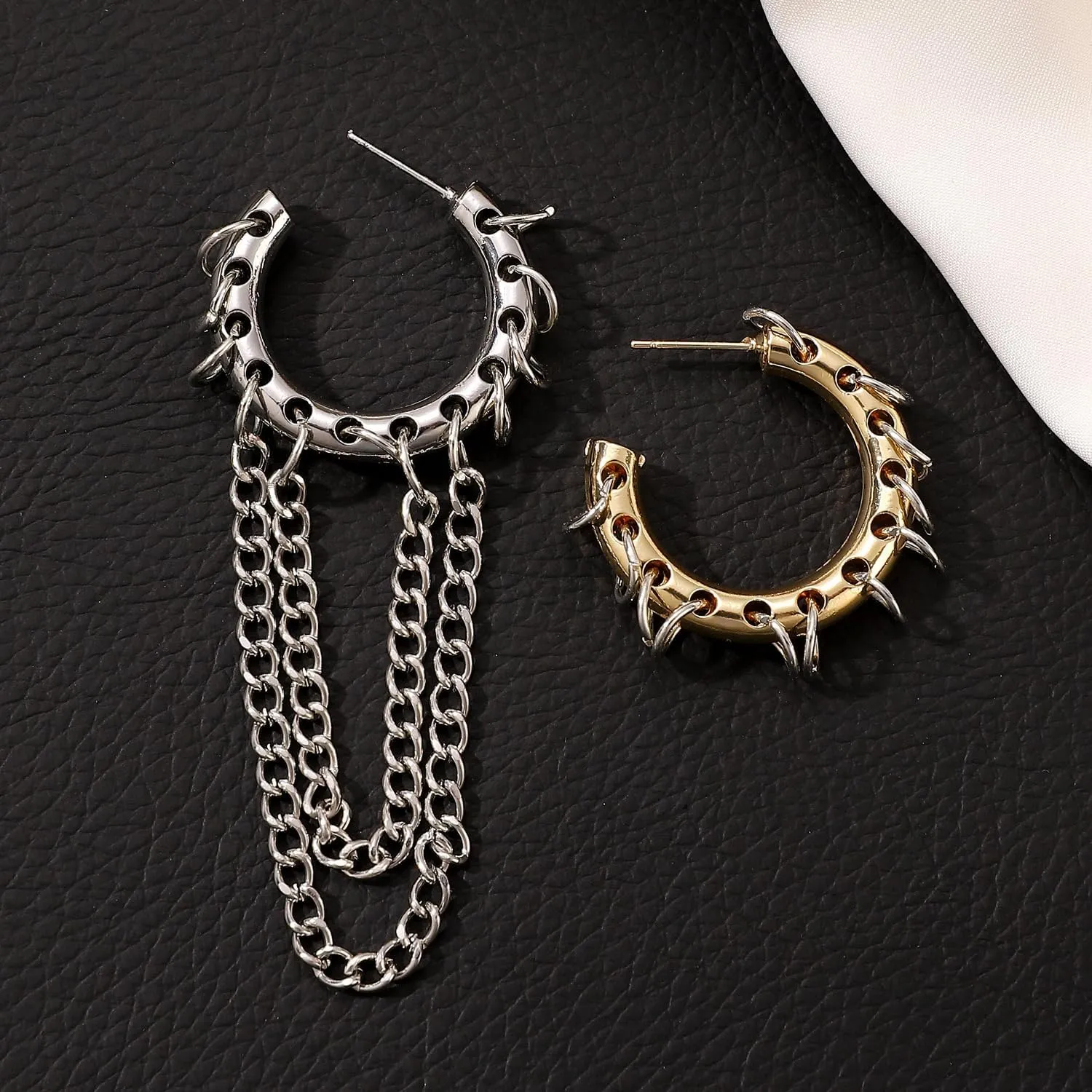 Chunky Gold Silver Huggie Hoop Earrings for Man Women,Punk Hoop Tassel Chain Drop Earrings Trendy Personality Statement Earrings Jewelry