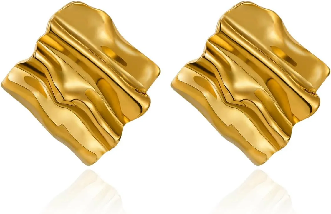 Chunky Gold Stud Earrings for Women Thick Rectangle Stud Earrings Large Gold Geometric Earrings Minimalist Statement Square Seashell Earrings Trendy Jewelry