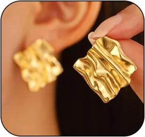 Chunky Gold Stud Earrings for Women Thick Rectangle Stud Earrings Large Gold Geometric Earrings Minimalist Statement Square Seashell Earrings Trendy Jewelry