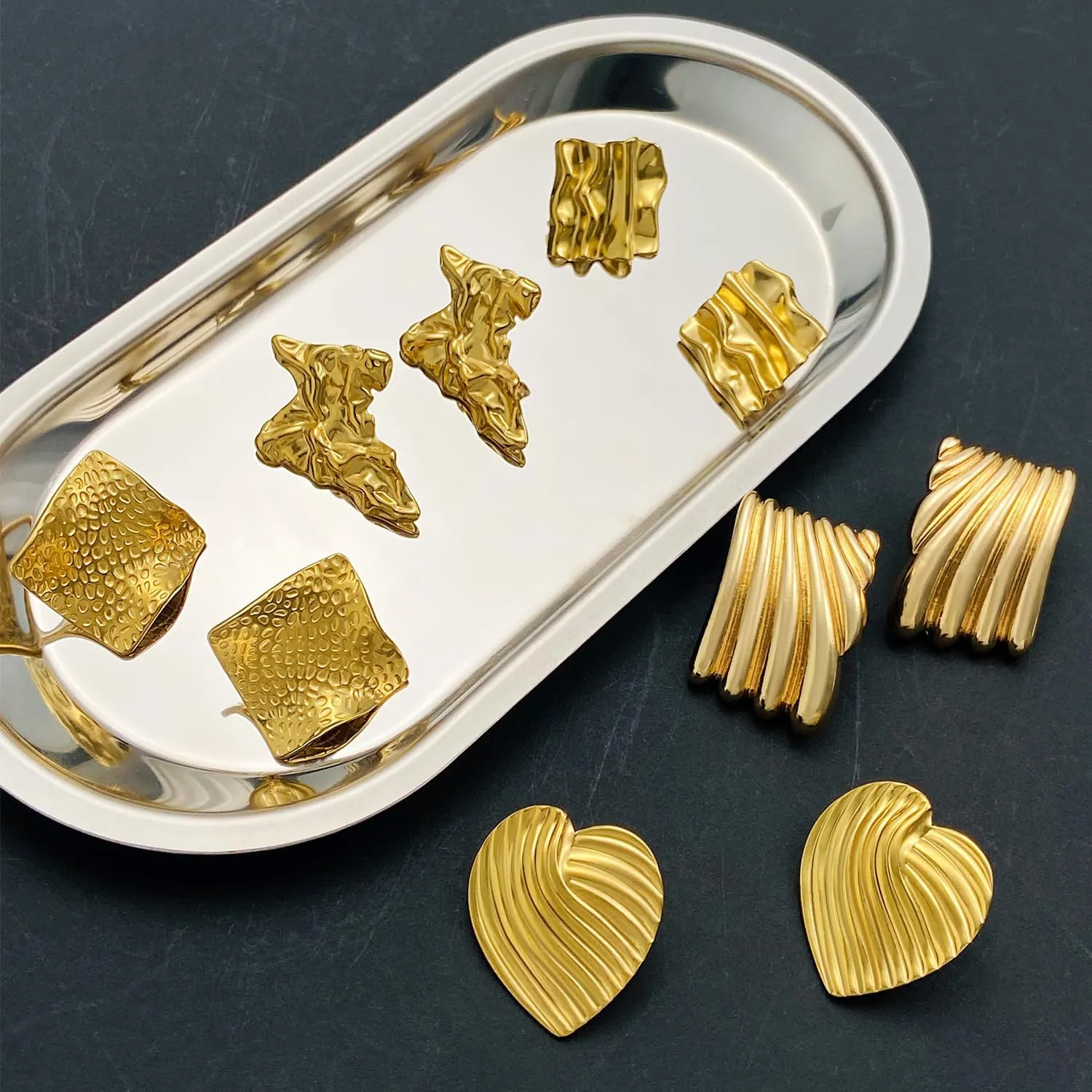 Chunky Gold Stud Earrings for Women Thick Rectangle Stud Earrings Large Gold Geometric Earrings Minimalist Statement Square Seashell Earrings Trendy Jewelry