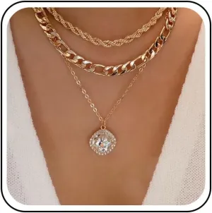 Chunky Layered Choker Necklace Gold Crystal Square Necklace Halo Square Pendant Necklace Layered Thick Chain Necklace Chunky Cuban Necklace Jewelry for Women and Girls