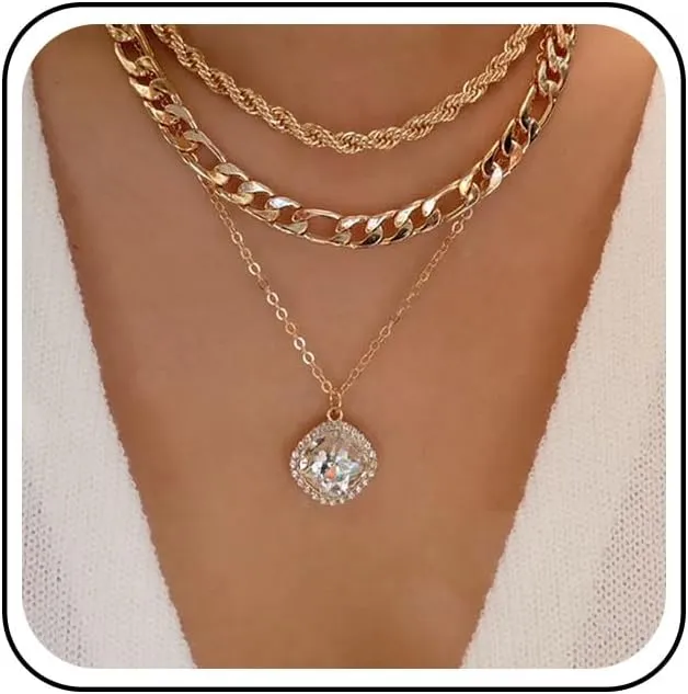 Chunky Layered Choker Necklace Gold Crystal Square Necklace Halo Square Pendant Necklace Layered Thick Chain Necklace Chunky Cuban Necklace Jewelry for Women and Girls