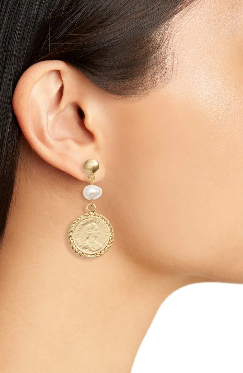 Coin and pearl linear drop earrings