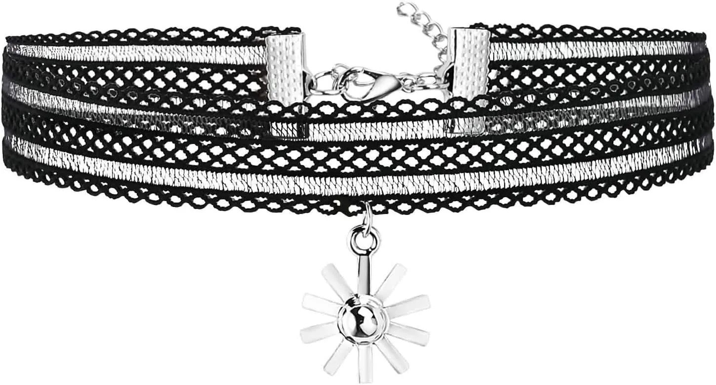 Collar Necklaces for Women Trendy, 70S Black Choker Necklaces for Womenlace Sunflower Silver Halloween Costume Accessories Cosplay Goth Gifts