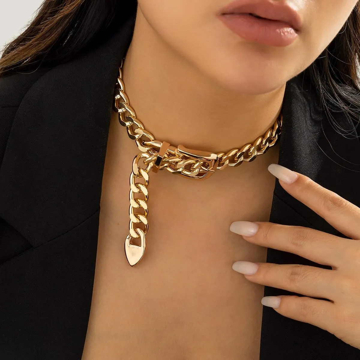 COSYDAYS Gold Chunky Choker Necklace Metal Belt Necklace Thick Cuban Chain Jewelry for Women