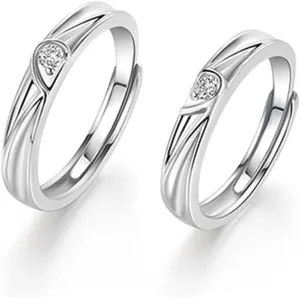 Couple Promise Rings Set Sterling Silver, Engraved Rings for Couples Personalized Adjustable Puzzle Heart Ring with Cubic Zirconia