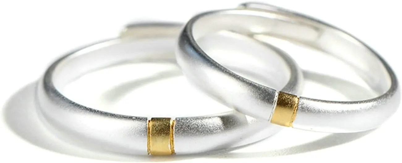 Couple Promise Rings, Sterling Silver Engagement Band with Silver Gold Vertical Stripes Couple Adjustable Band Jewelry Gift