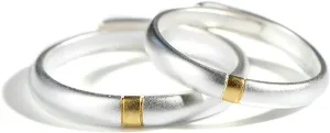 Couple Promise Rings, Sterling Silver Engagement Band with Silver Gold Vertical Stripes Couple Adjustable Band Jewelry Gift