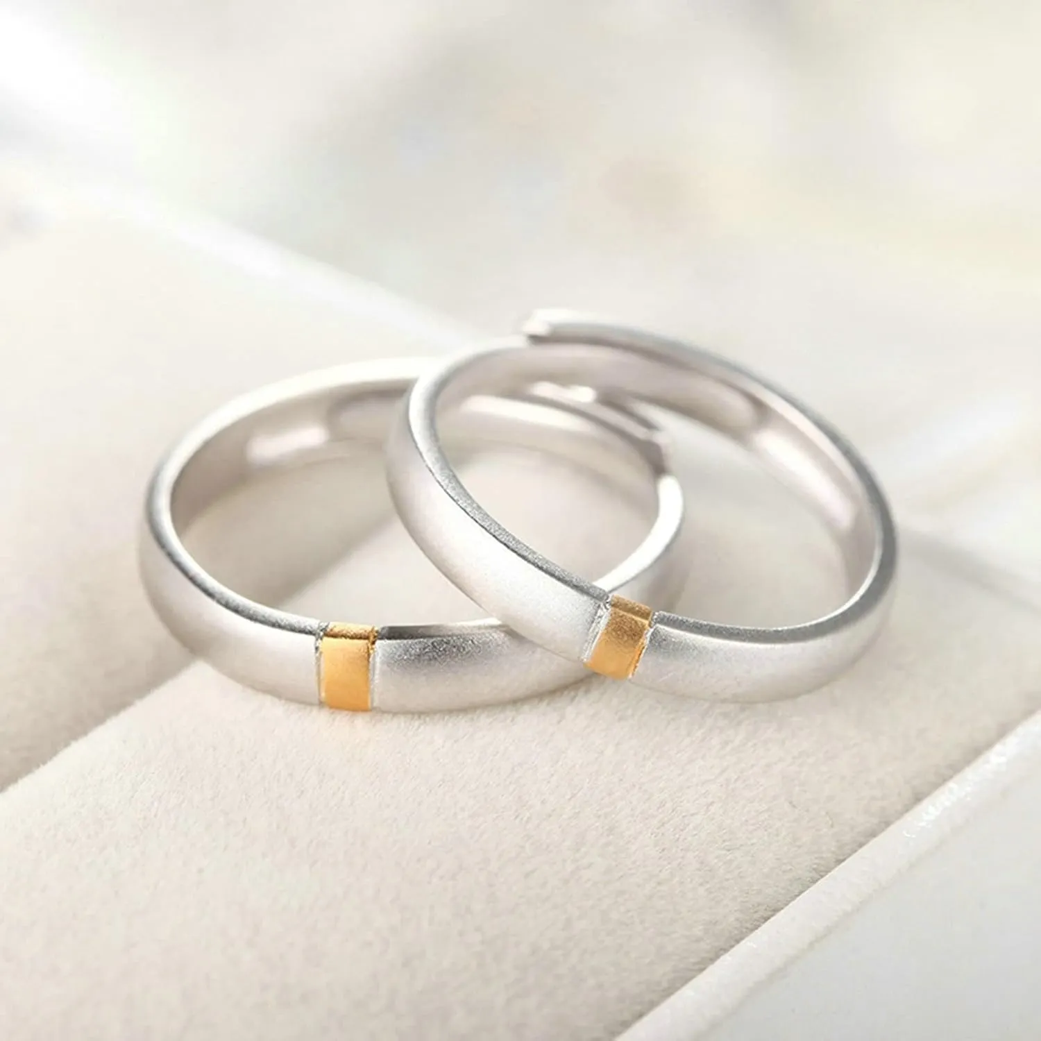 Couple Promise Rings, Sterling Silver Engagement Band with Silver Gold Vertical Stripes Couple Adjustable Band Jewelry Gift