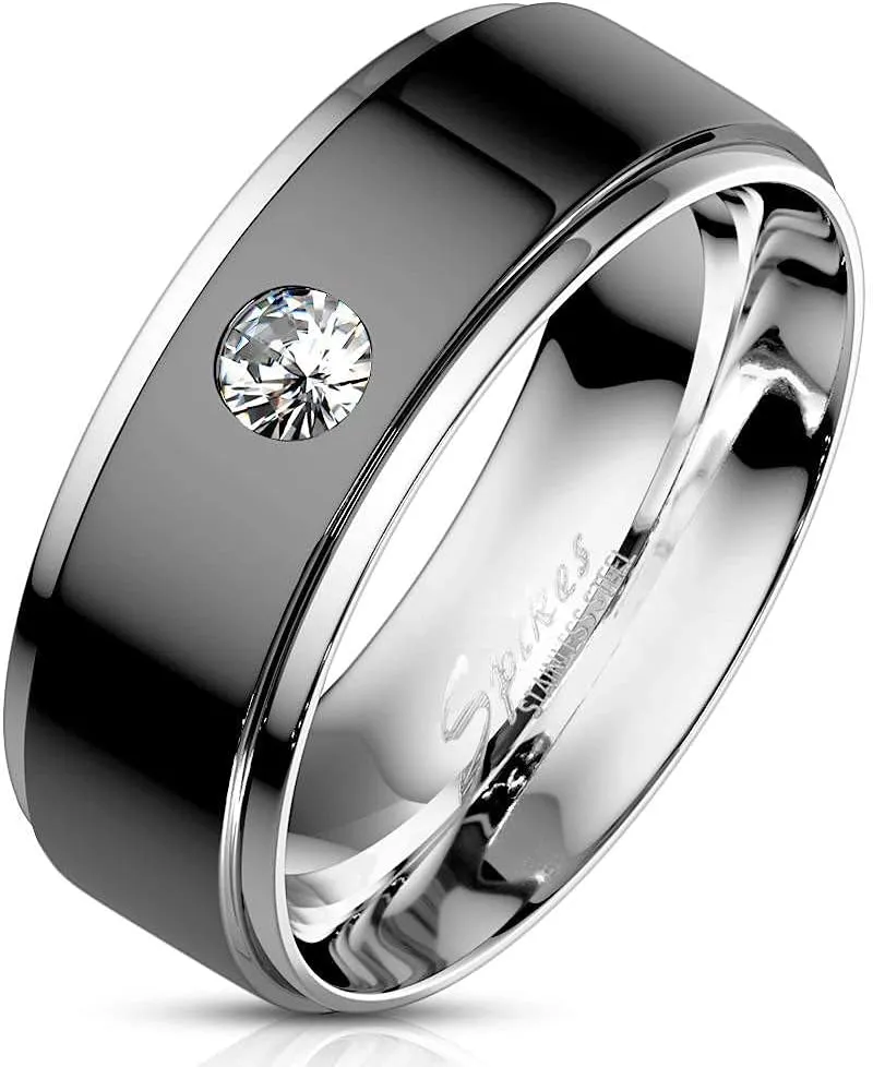 Couple Ring Set Womens 3 Stone Princess CZ Black IP Stainless Steel Wedding Engagement Ring Set Mens Bezel Set CZ Wedding Band