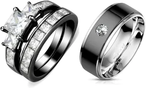 Couple Ring Set Womens 3 Stone Princess CZ Black IP Stainless Steel Wedding Engagement Ring Set Mens Bezel Set CZ Wedding Band