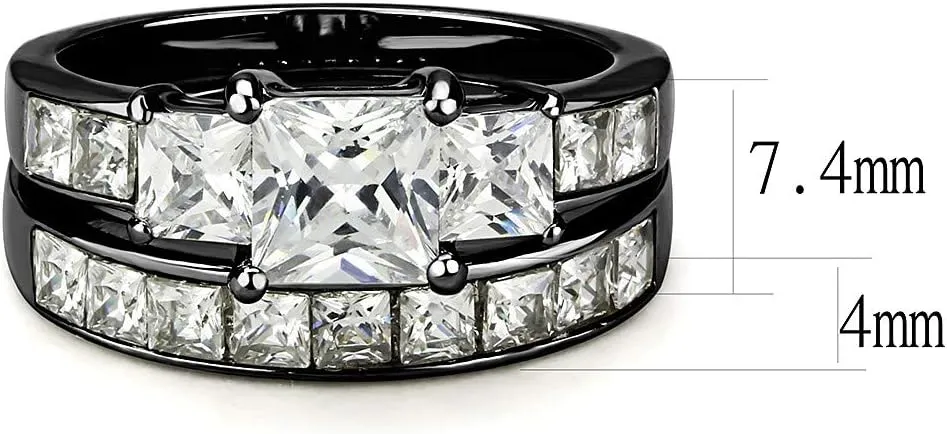 Couple Ring Set Womens 3 Stone Princess CZ Black IP Stainless Steel Wedding Engagement Ring Set Mens Bezel Set CZ Wedding Band