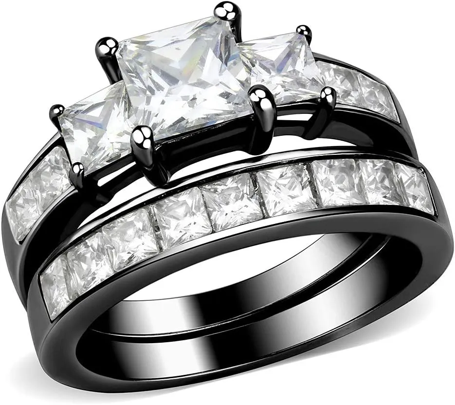 Couple Ring Set Womens 3 Stone Princess CZ Black IP Stainless Steel Wedding Engagement Ring Set Mens Bezel Set CZ Wedding Band