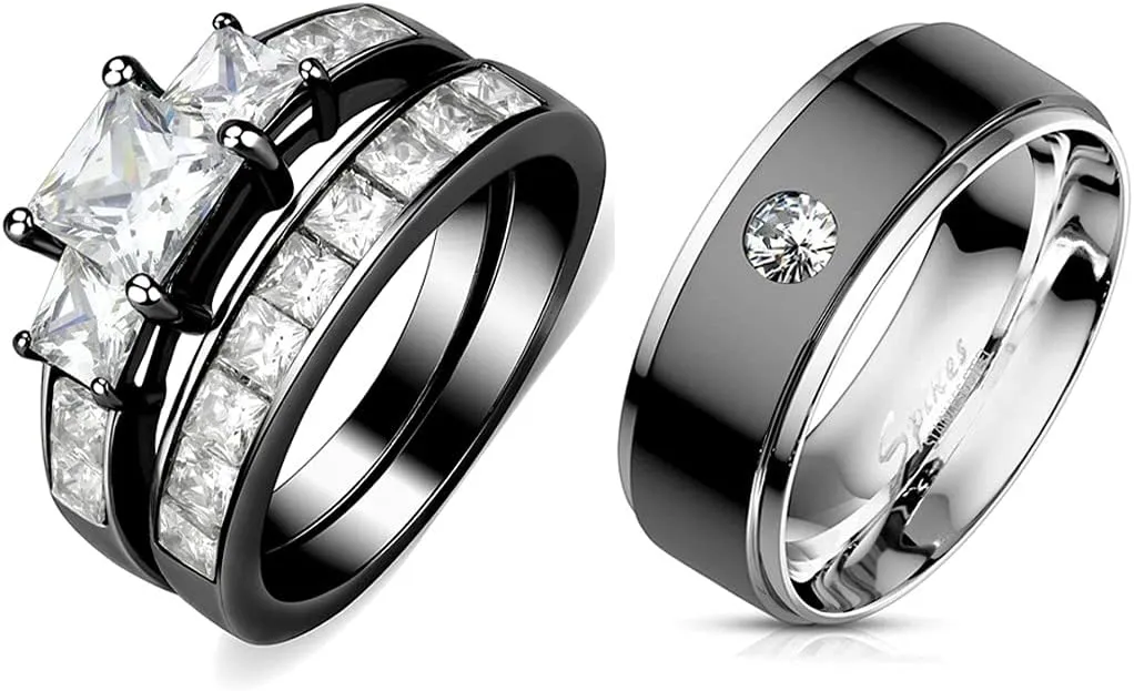 Couple Ring Set Womens 3 Stone Princess CZ Black IP Stainless Steel Wedding Engagement Ring Set Mens Bezel Set CZ Wedding Band