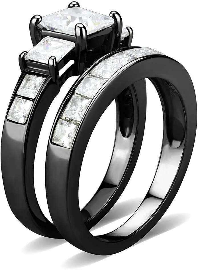 Couple Ring Set Womens 3 Stone Princess CZ Black IP Stainless Steel Wedding Engagement Ring Set Mens Bezel Set CZ Wedding Band