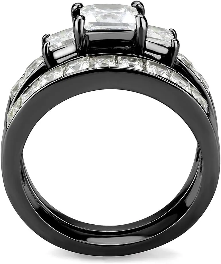 Couple Ring Set Womens 3 Stone Princess CZ Black IP Stainless Steel Wedding Engagement Ring Set Mens Bezel Set CZ Wedding Band