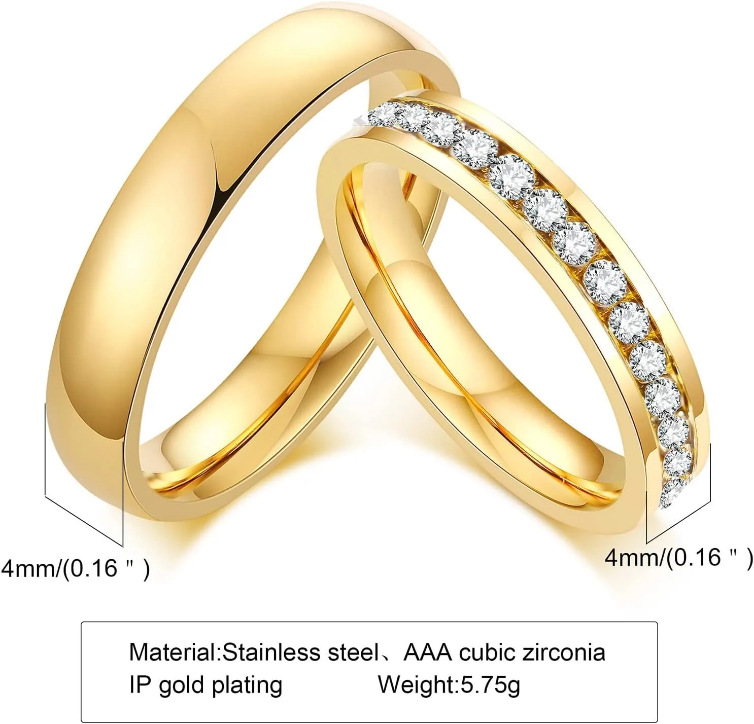 Couple Rings Set Stainless Steel, Couple Rings Set 4mm Gold Ring with Zirconia Size 6-12