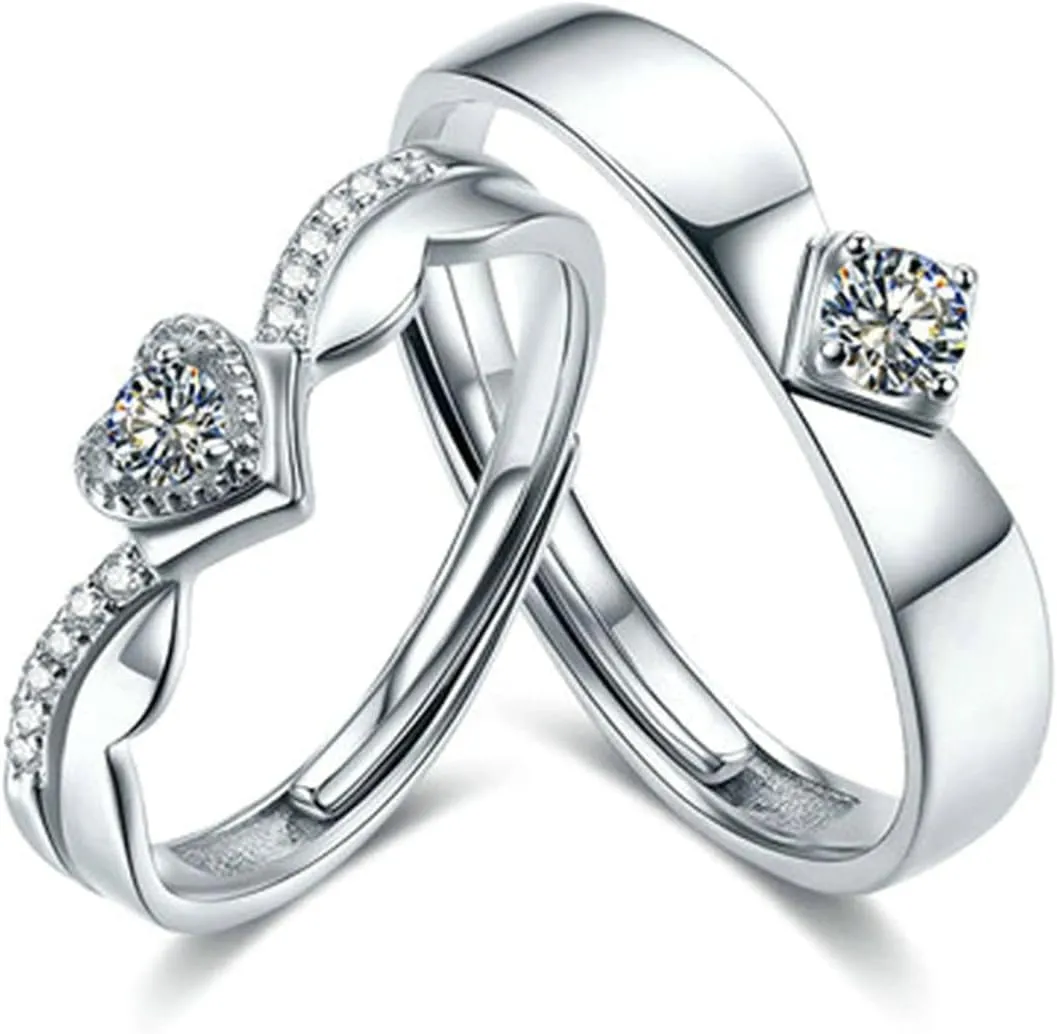Couples Promise Rings Gothic, Adjustable Wedding Rings for Couple Personalized 925 Sterling Silver Solitaire Ring with Cubic Zirconia