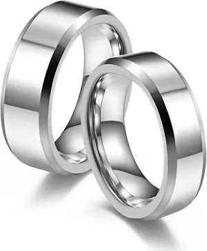 Couples Rings Set, Rings for Men Tungsten 6mm 8mm Silver Ring Beveled Edge Valentine's Day Couple Rings