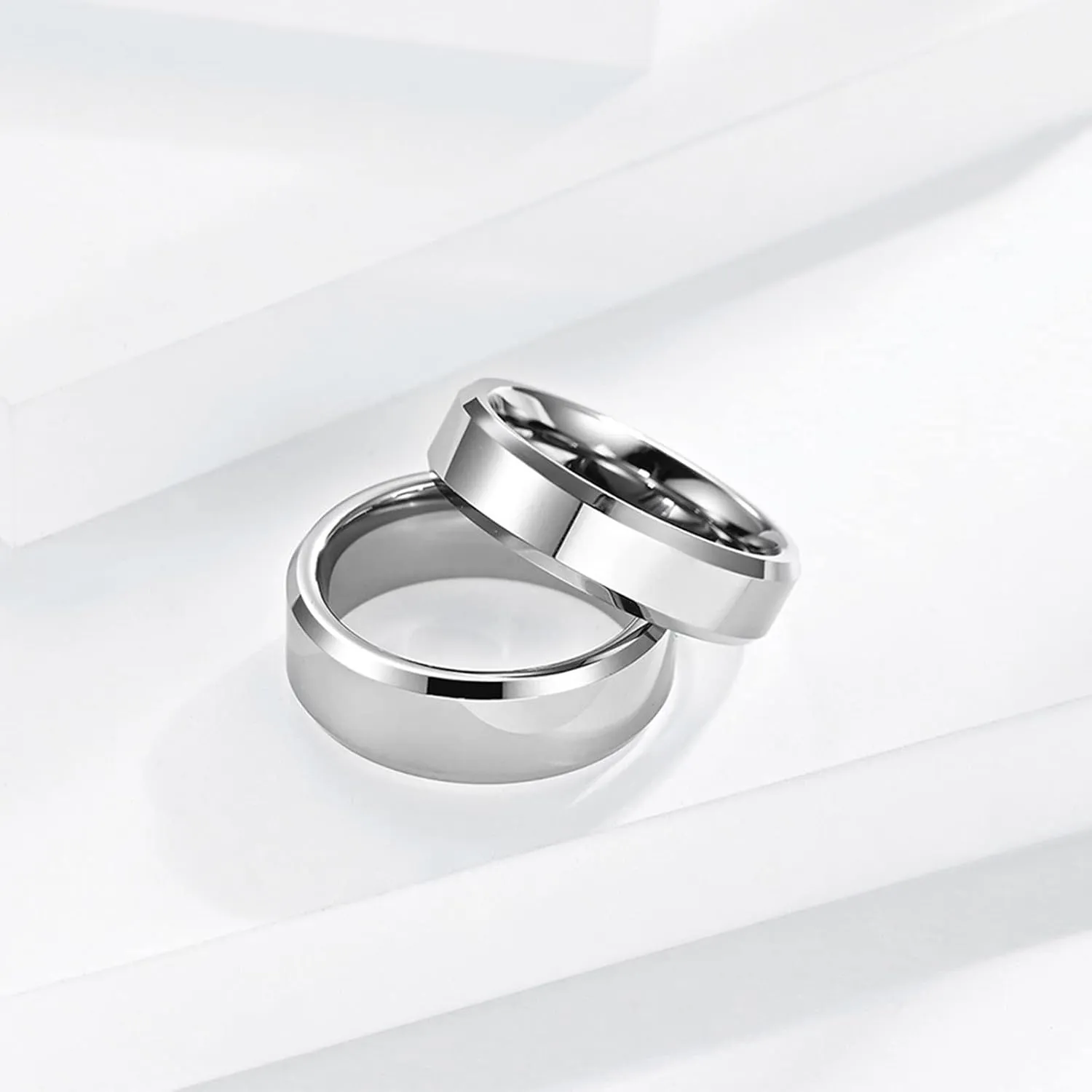 Couples Rings Set, Rings for Men Tungsten 6mm 8mm Silver Ring Beveled Edge Valentine's Day Couple Rings