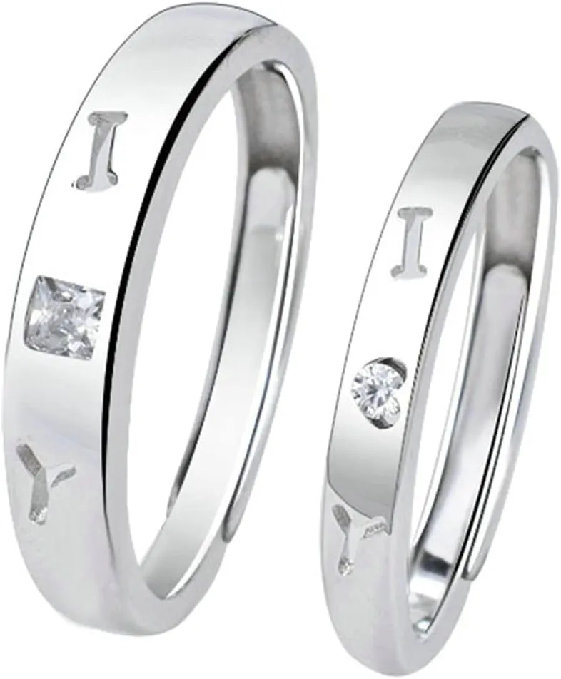 Couples Rings Unique, Engagement Rings for Couples Adjustable Personalized 925 Sterling Silver I Love You Ring with Cubic Zirconia