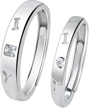 Couples Rings Unique, Engagement Rings for Couples Adjustable Personalized 925 Sterling Silver I Love You Ring with Cubic Zirconia