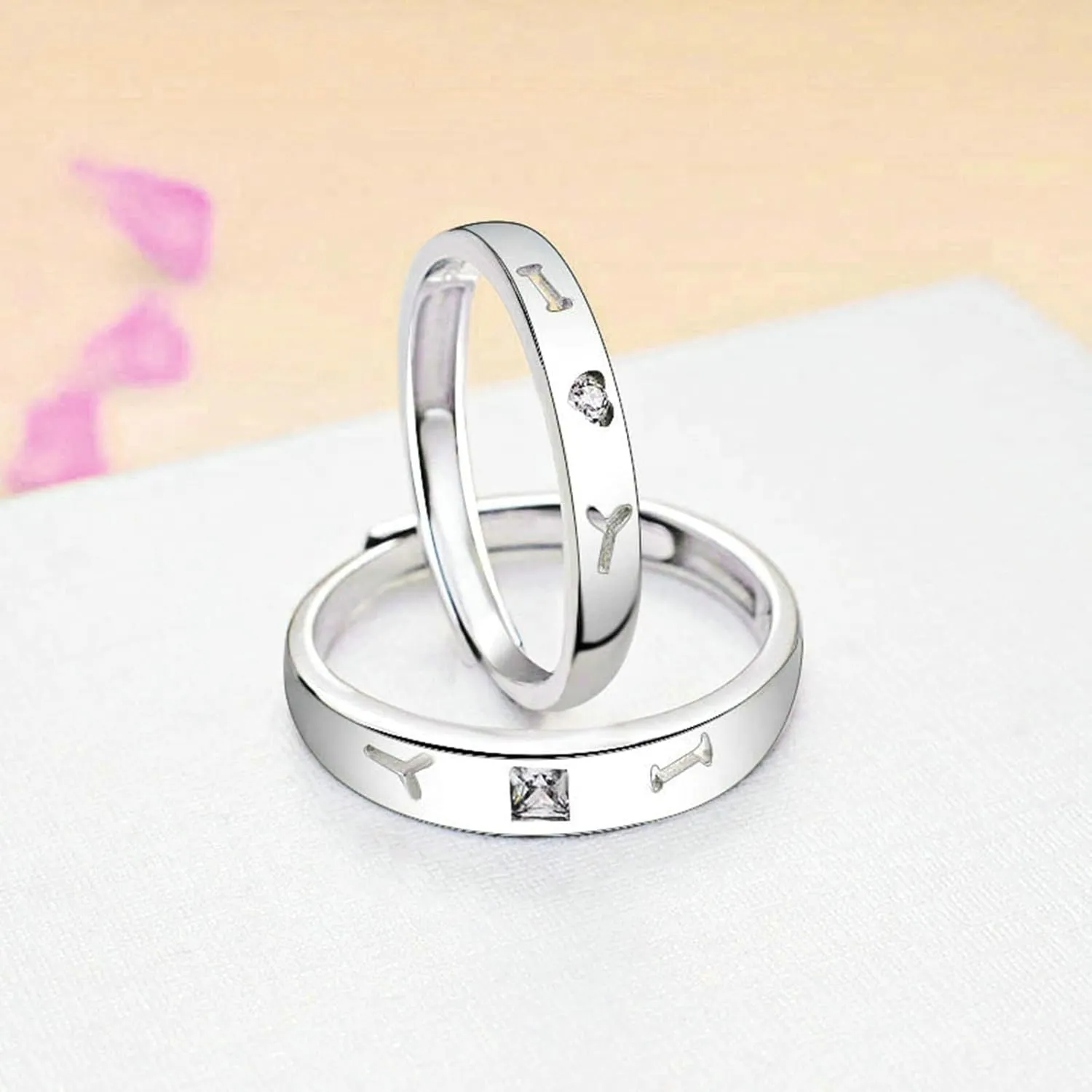 Couples Rings Unique, Engagement Rings for Couples Adjustable Personalized 925 Sterling Silver I Love You Ring with Cubic Zirconia