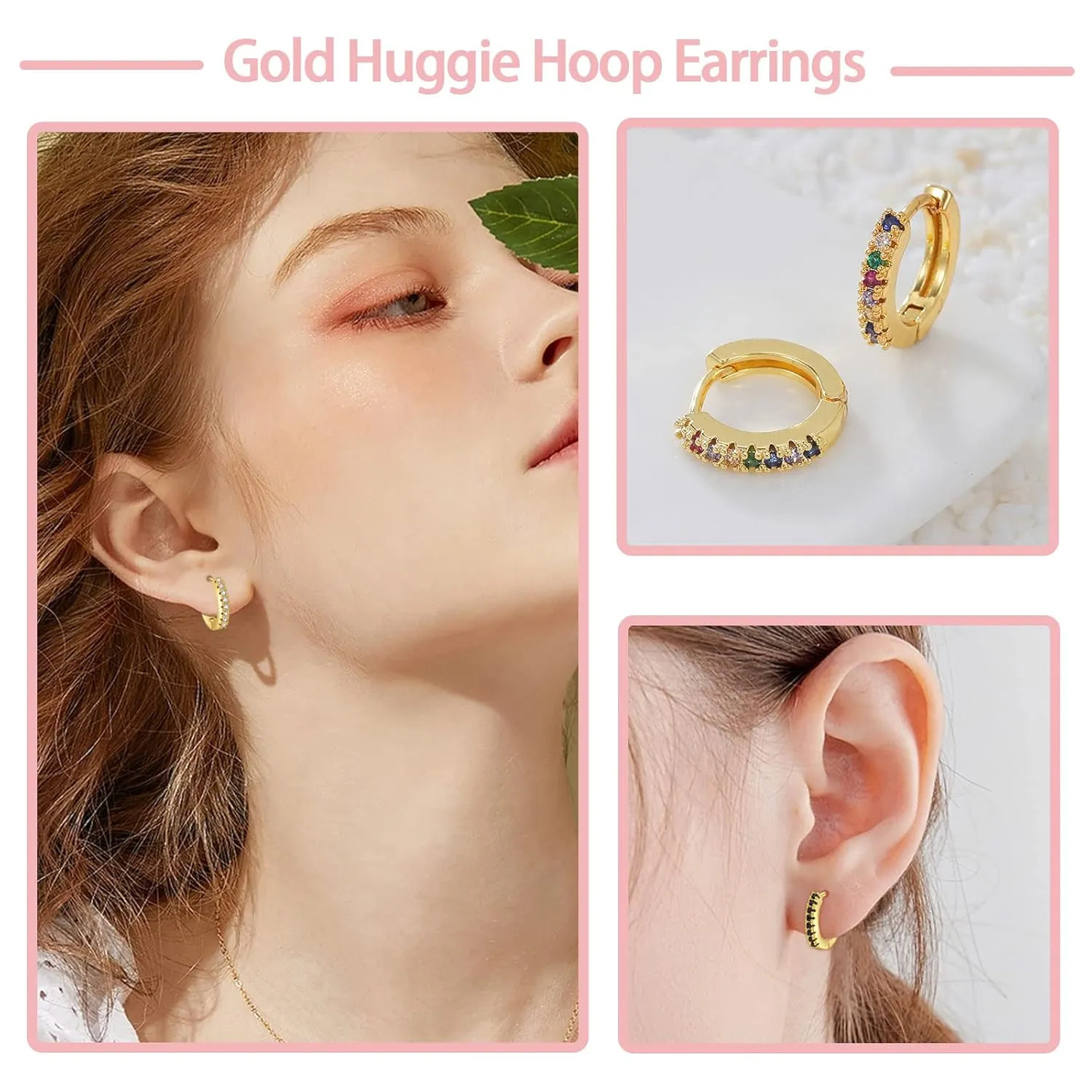 Cubic Zirconia Huggie Hoop Earrings for Women, 8mm Tiny Mini Small Hoop Earrings, Hypoallergenic 14K Gold Plated Cartilage Piercing Earrings(Gold, Blue CZ)