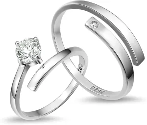 Custom Wedding Bands for Couples, 925 Sterling Silver Rings Promise Rings Adjustable Solitaire Ring with Cubic Zirconia