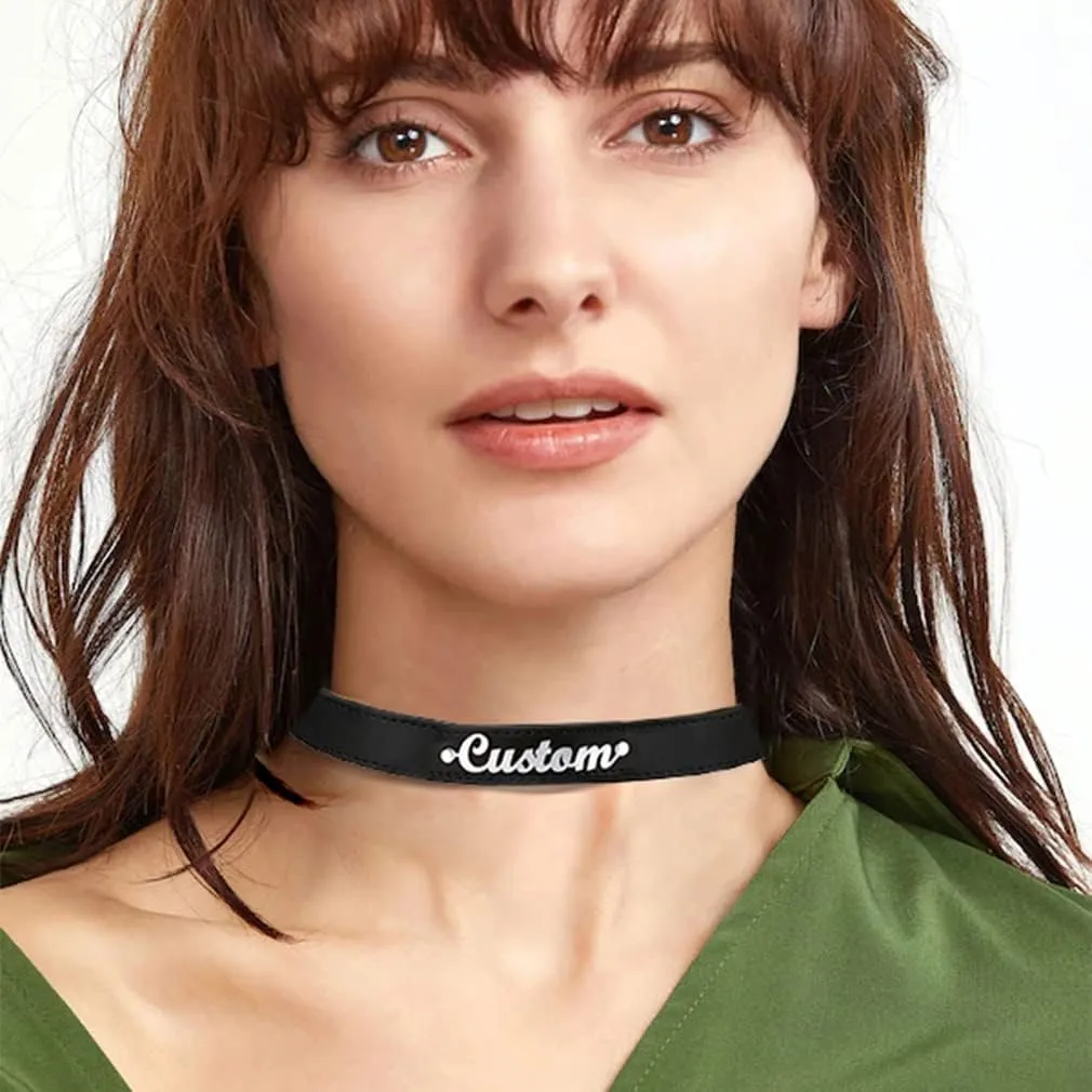 Custom4U Personalized Black Leather Choker Necklace with Picture/Name/Initials/Letters Charm,Custom Made Adjustable Choker Collar Gothic Punk Necklaces Jewelry Gifts for Women