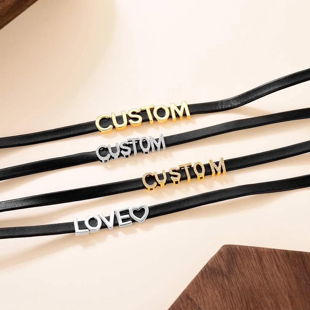 Custom4U Personalized Black Leather Choker Necklace with Picture/Name/Initials/Letters Charm,Custom Made Adjustable Choker Collar Gothic Punk Necklaces Jewelry Gifts for Women