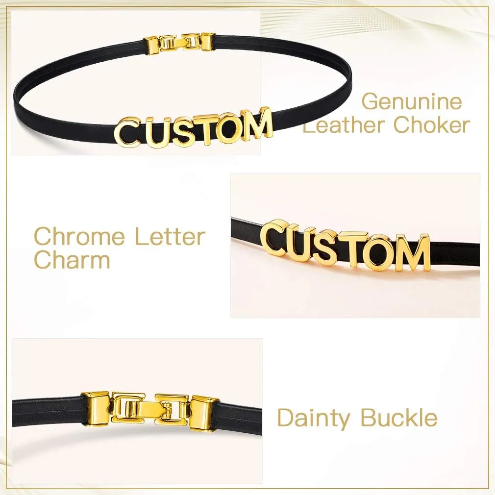 Custom4U Personalized Black Leather Choker Necklace with Picture/Name/Initials/Letters Charm,Custom Made Adjustable Choker Collar Gothic Punk Necklaces Jewelry Gifts for Women
