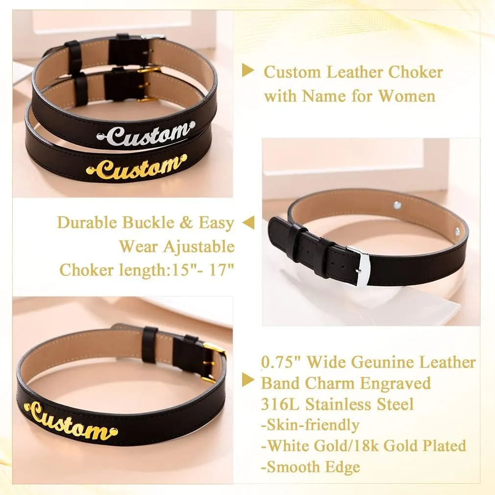 Custom4U Personalized Black Leather Choker Necklace with Picture/Name/Initials/Letters Charm,Custom Made Adjustable Choker Collar Gothic Punk Necklaces Jewelry Gifts for Women