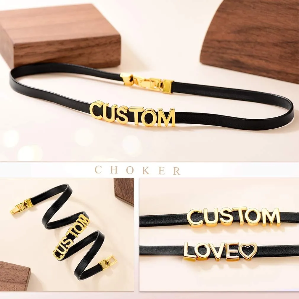 Custom4U Personalized Black Leather Choker Necklace with Picture/Name/Initials/Letters Charm,Custom Made Adjustable Choker Collar Gothic Punk Necklaces Jewelry Gifts for Women