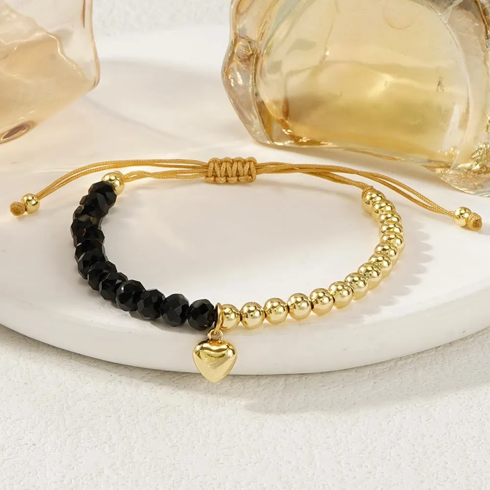 Dainty Heart Gold Plated Beaded Adjustable Bracelet for Women, Handmade Boho Black Red White Beads Statement Trendy Prom Valentine Jewelry Gift
