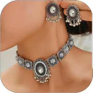 Dcfywl731 Indian Jewelry Sets for Women Bollywood Wedding Necklace Earrings Set Oxidized Ethnic Choker Necklaces Gift