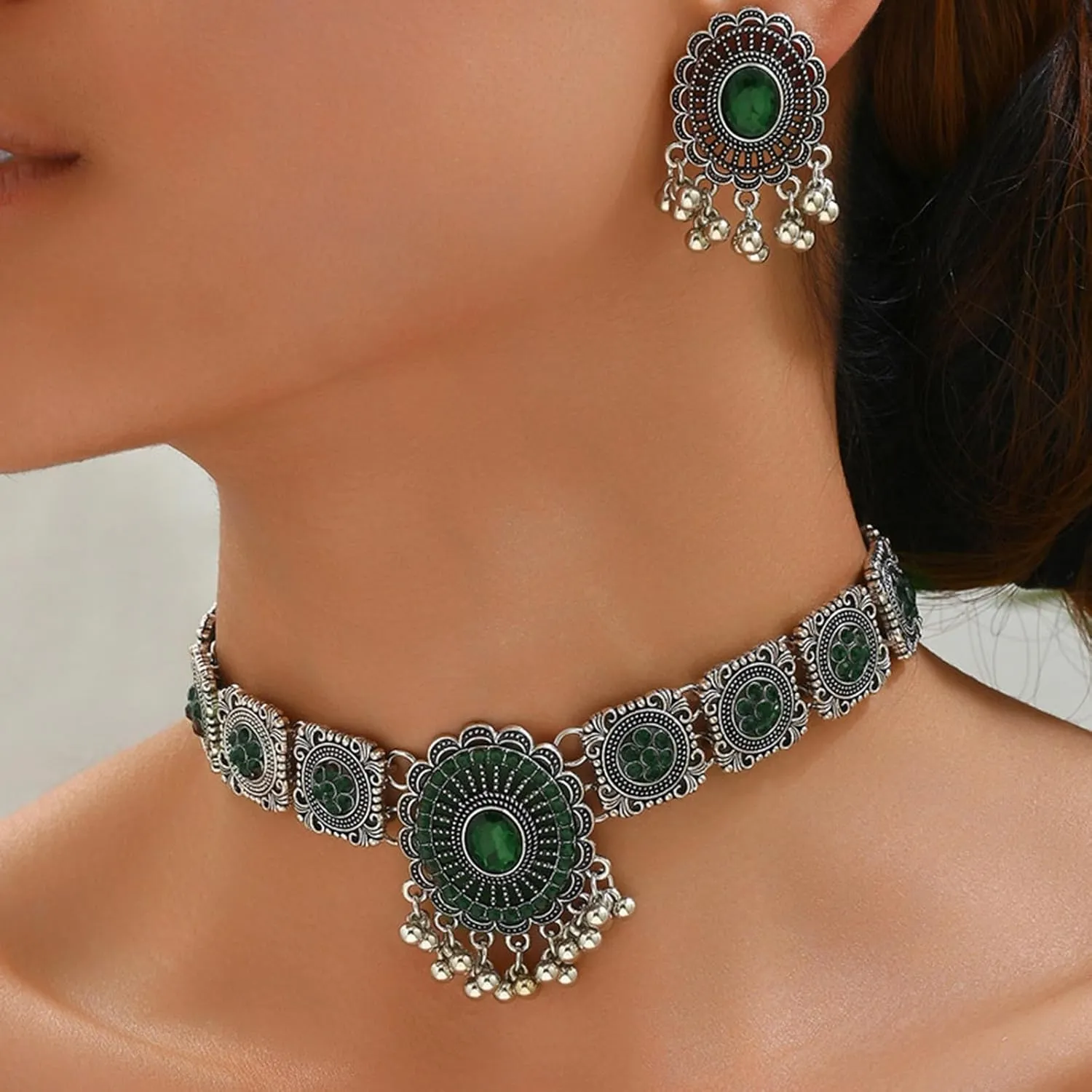 Dcfywl731 Indian Jewelry Sets for Women Bollywood Wedding Necklace Earrings Set Oxidized Ethnic Choker Necklaces Gift