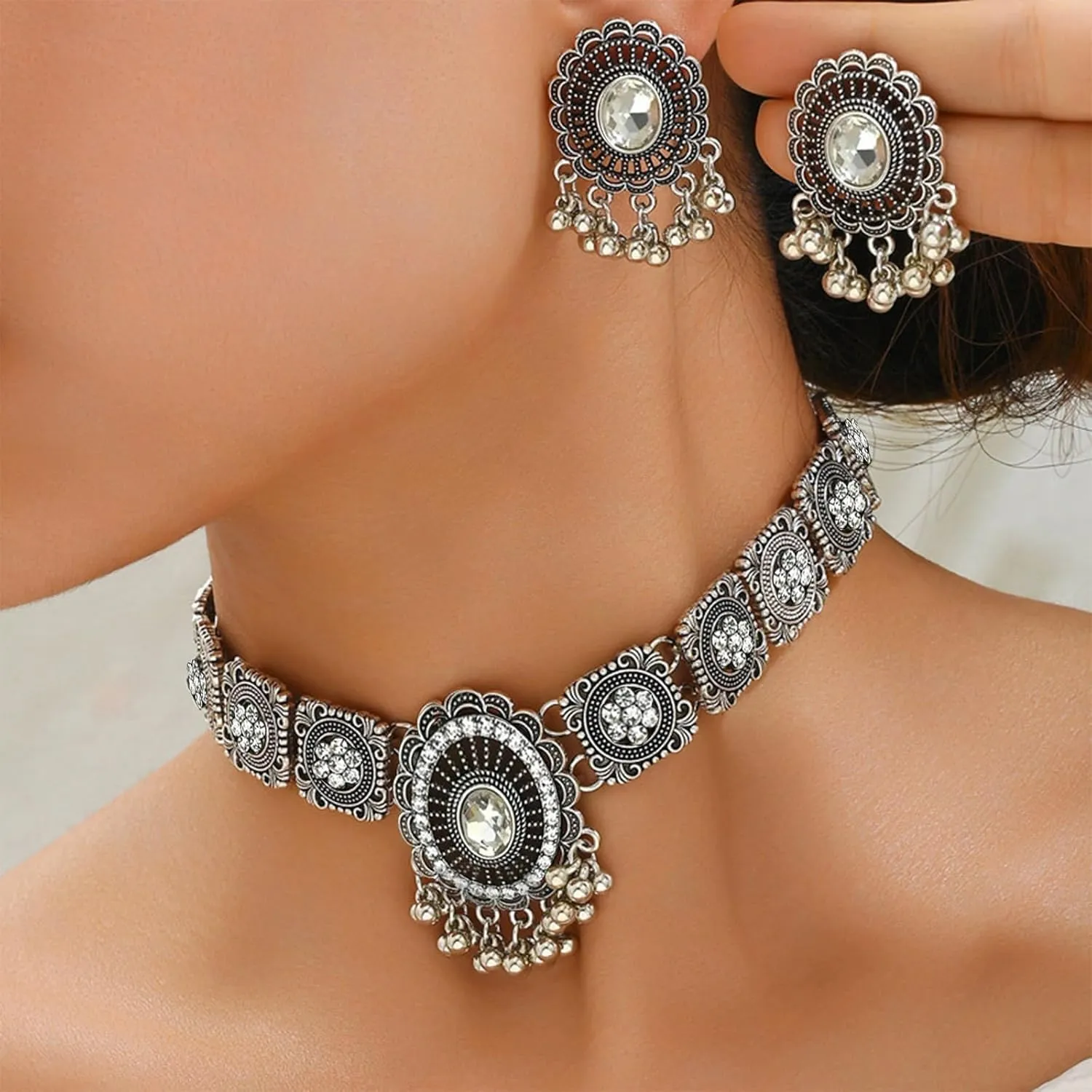 Dcfywl731 Indian Jewelry Sets for Women Bollywood Wedding Necklace Earrings Set Oxidized Ethnic Choker Necklaces Gift