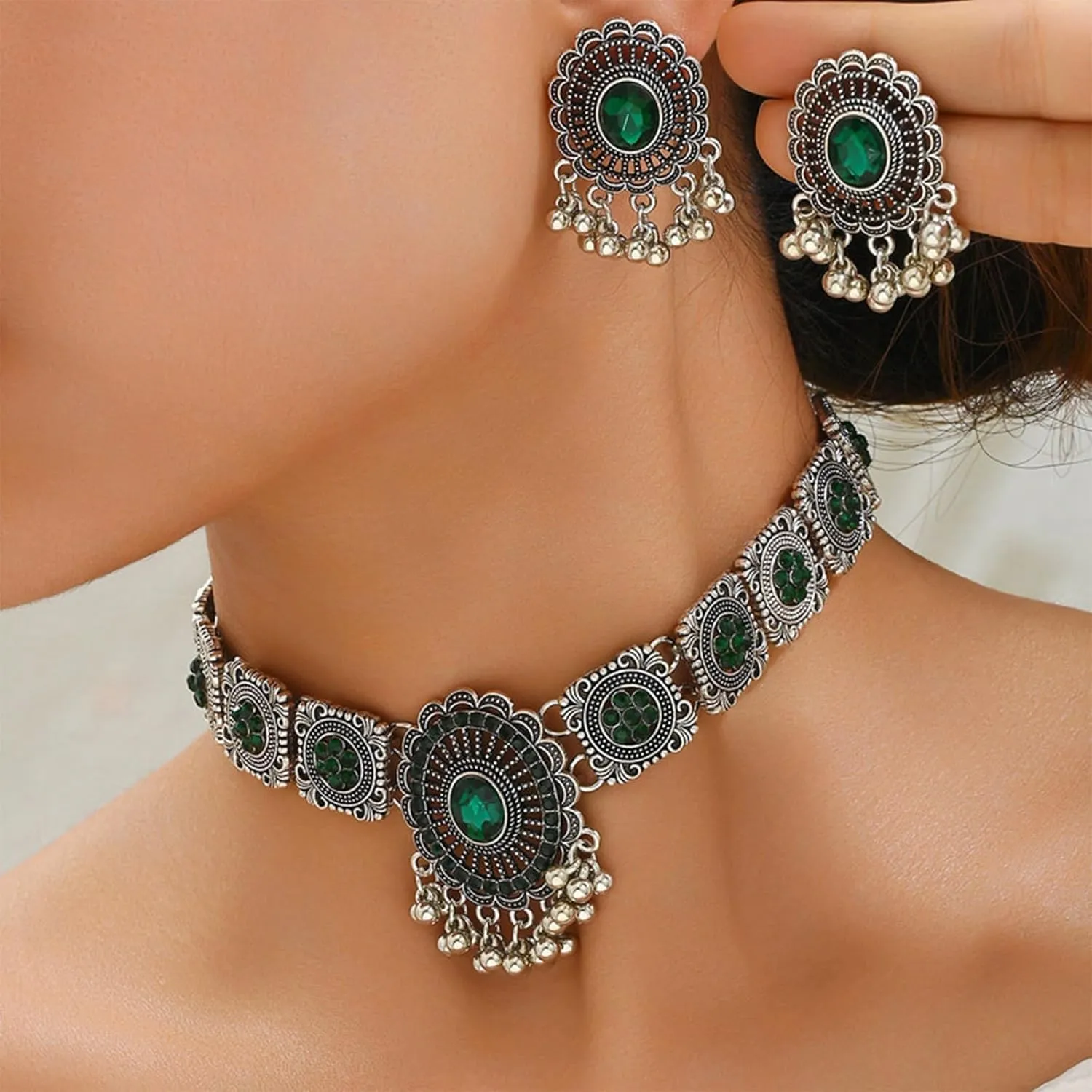 Dcfywl731 Indian Jewelry Sets for Women Bollywood Wedding Necklace Earrings Set Oxidized Ethnic Choker Necklaces Gift