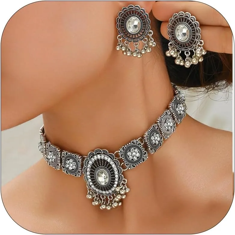Dcfywl731 Indian Jewelry Sets for Women Bollywood Wedding Necklace Earrings Set Oxidized Ethnic Choker Necklaces Gift