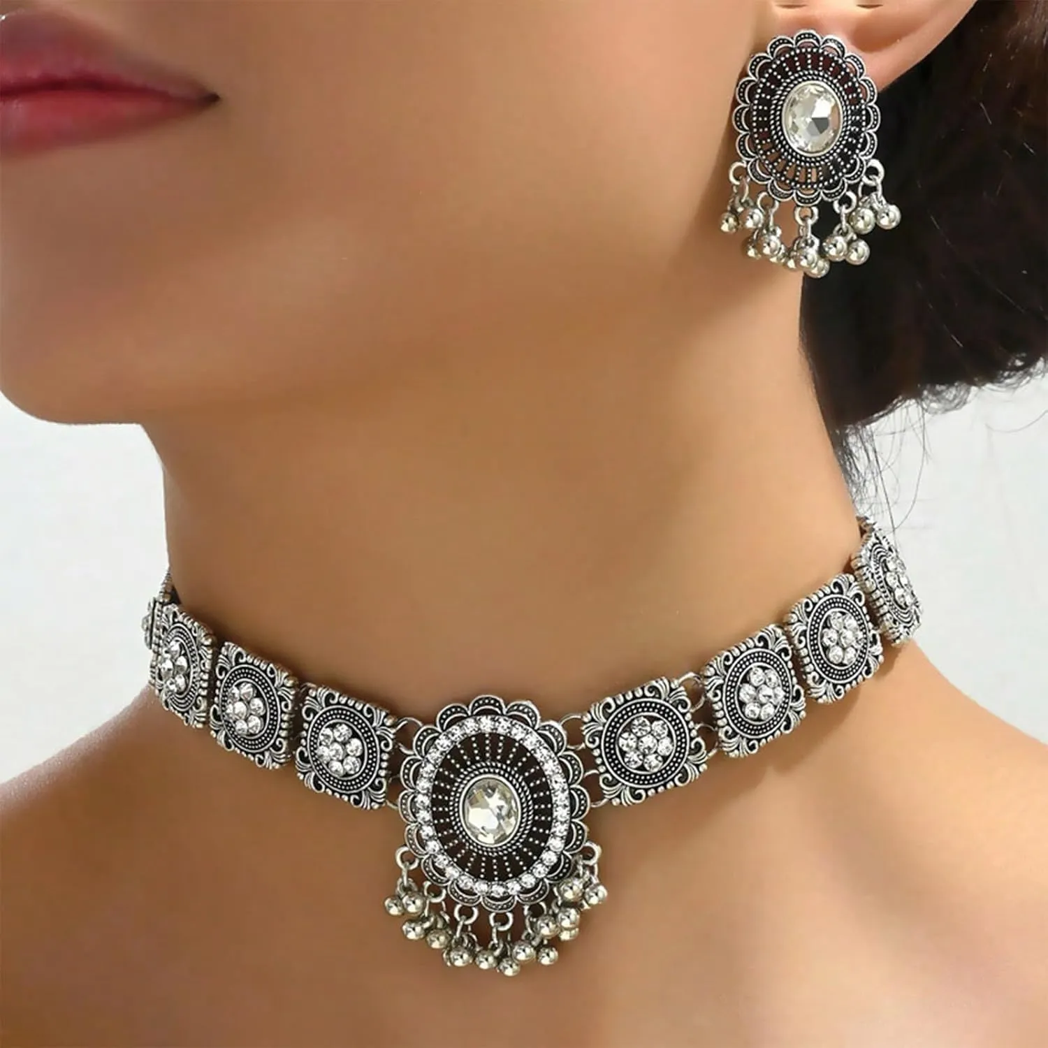 Dcfywl731 Indian Jewelry Sets for Women Bollywood Wedding Necklace Earrings Set Oxidized Ethnic Choker Necklaces Gift