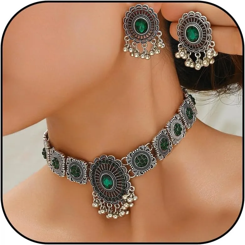Dcfywl731 Indian Jewelry Sets for Women Bollywood Wedding Necklace Earrings Set Oxidized Ethnic Choker Necklaces Gift