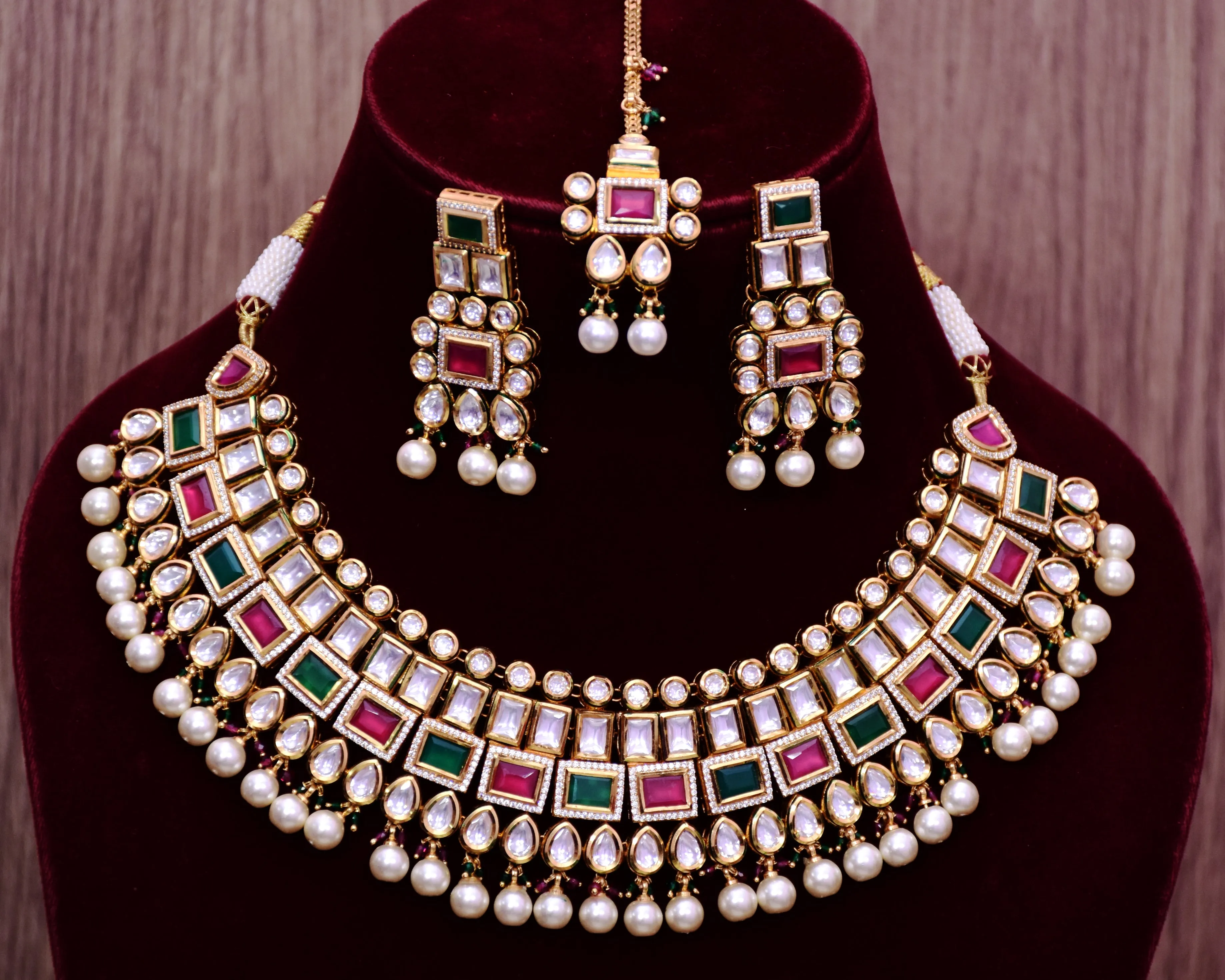 Designer Gold Plated Royal Kundan Ruby & Emerald Necklace & Earrings (D654)