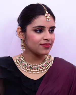 Designer Gold Plated Royal Kundan Ruby & Emerald Necklace & Earrings (D654)