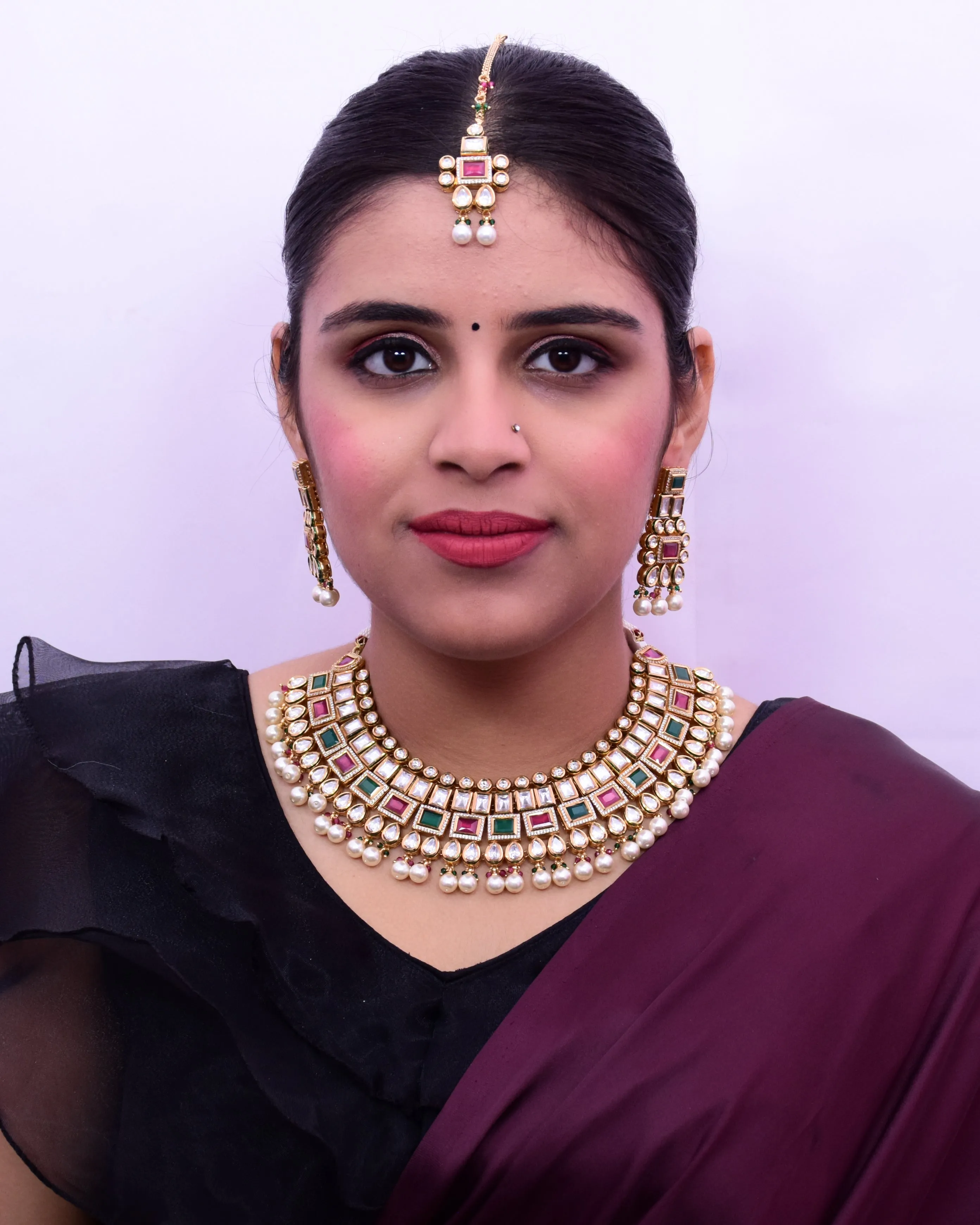 Designer Gold Plated Royal Kundan Ruby & Emerald Necklace & Earrings (D654)