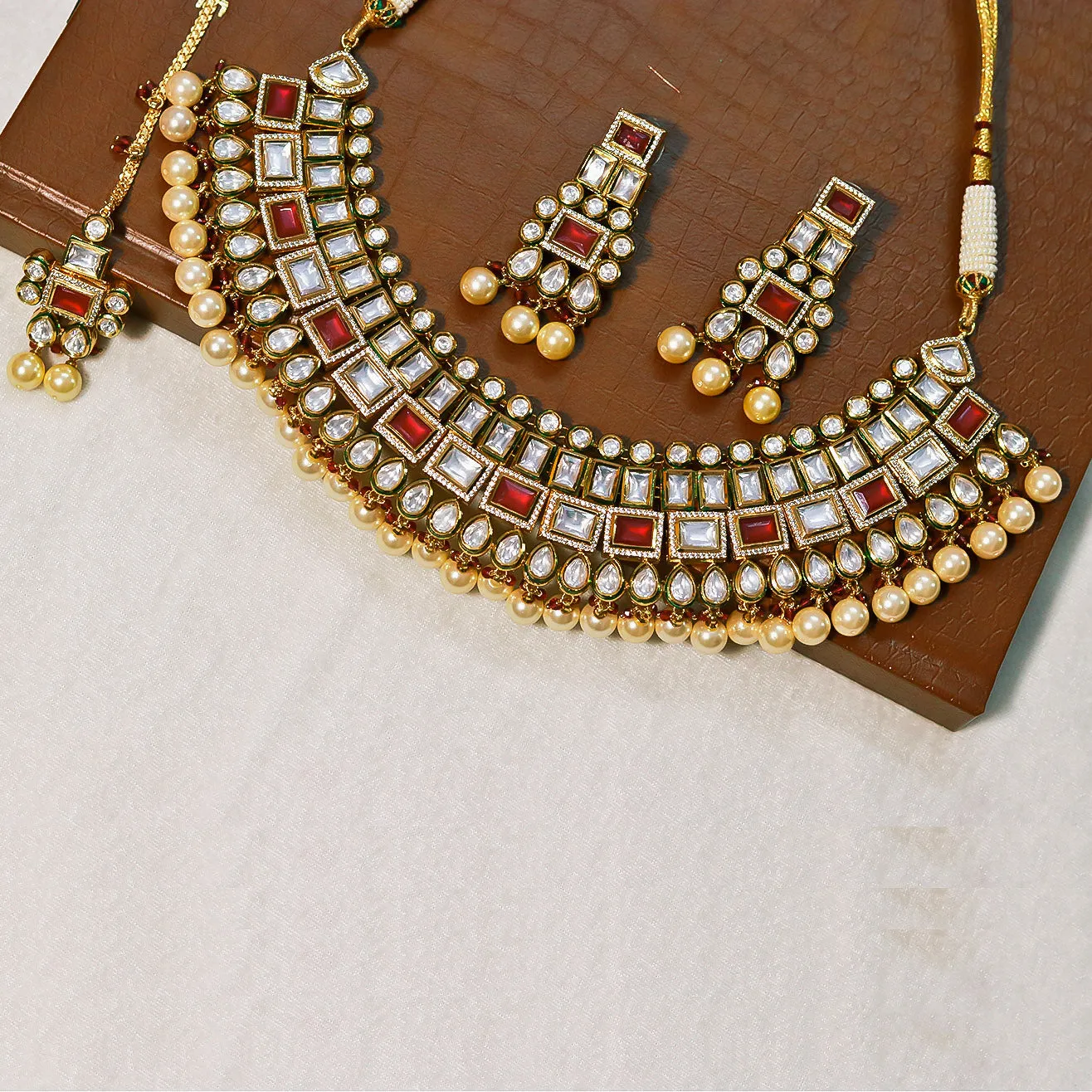 Designer Gold Plated Royal Kundan Ruby & Emerald Necklace & Earrings (D654)