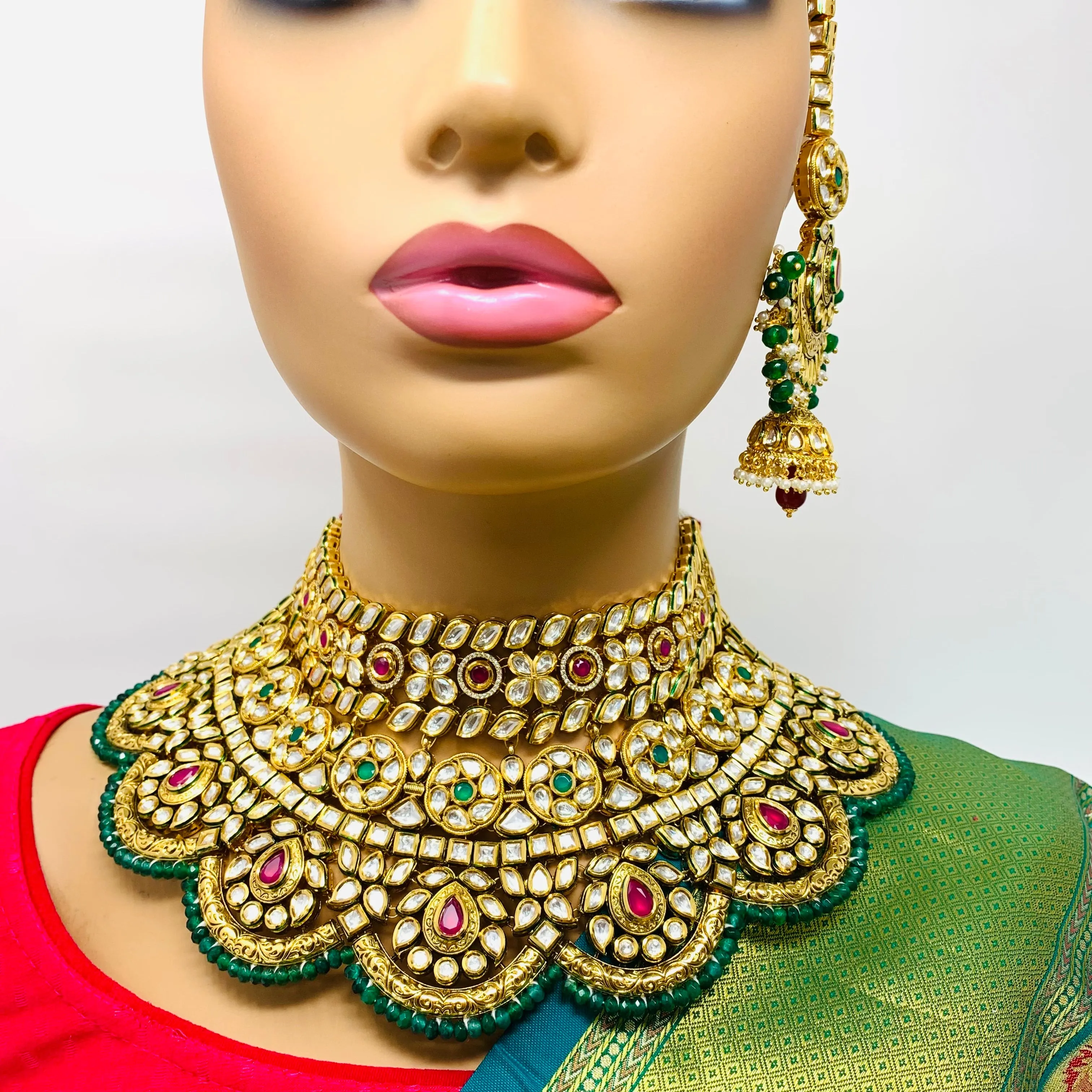 Designer Gold Plated Royal Kundan Ruby & Emerald Necklace with Earrings (D644)