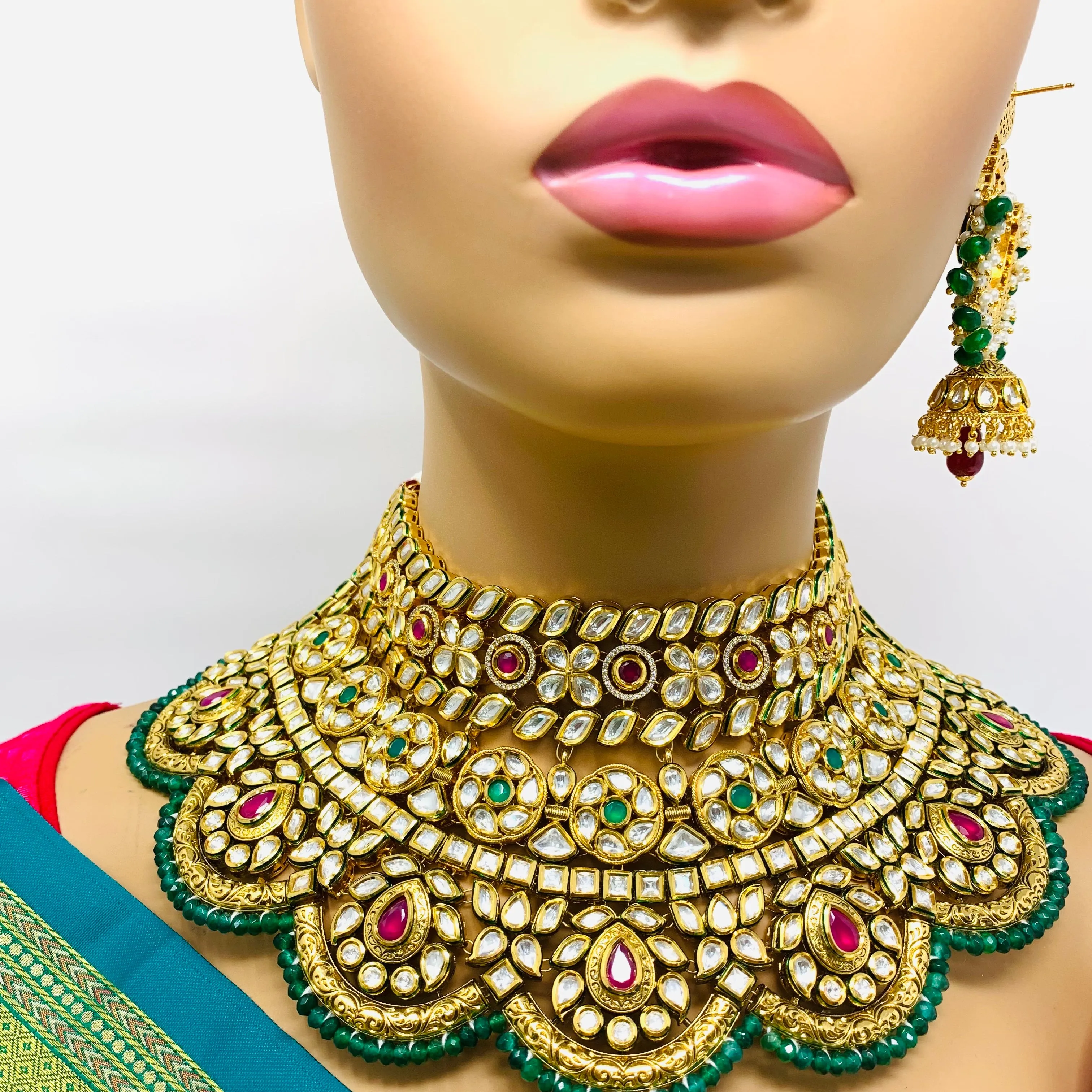 Designer Gold Plated Royal Kundan Ruby & Emerald Necklace with Earrings (D644)