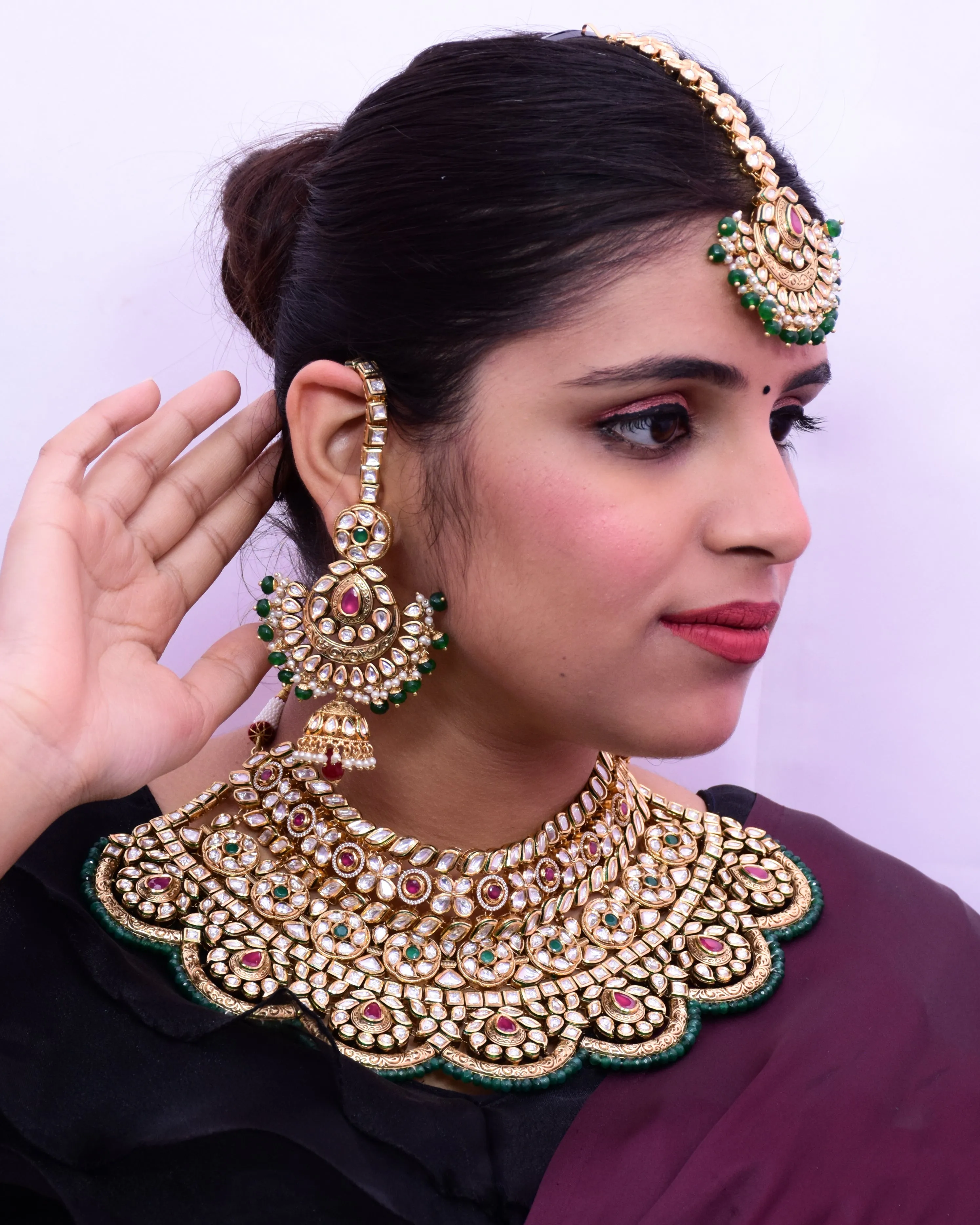 Designer Gold Plated Royal Kundan Ruby & Emerald Necklace with Earrings (D644)