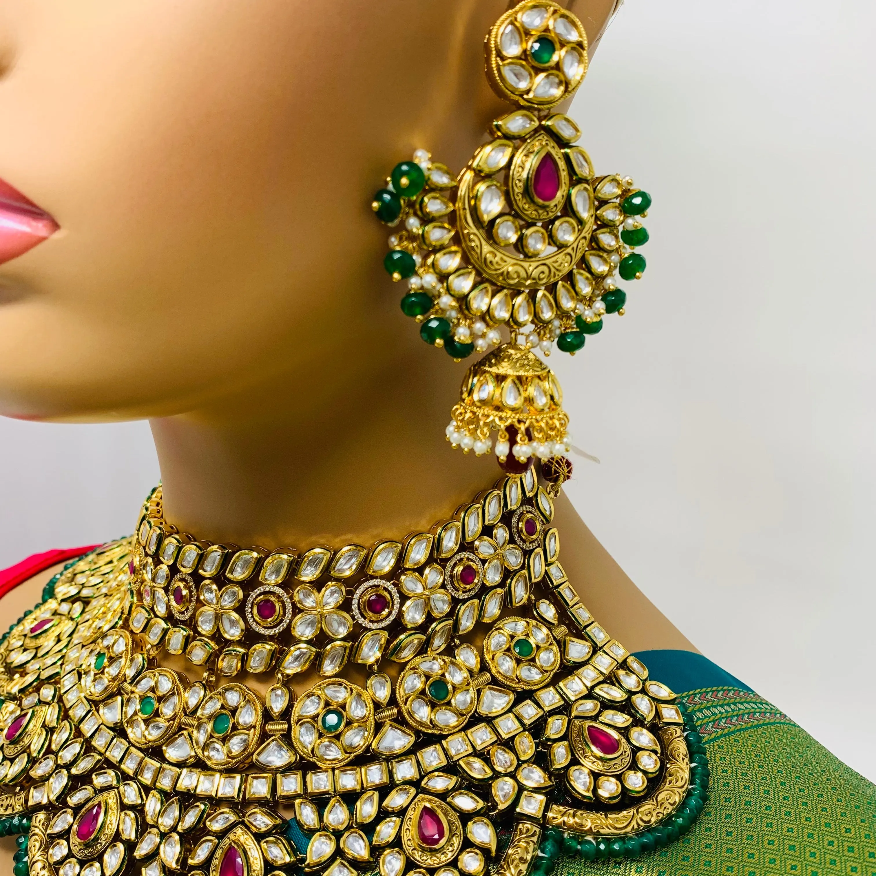 Designer Gold Plated Royal Kundan Ruby & Emerald Necklace with Earrings (D644)